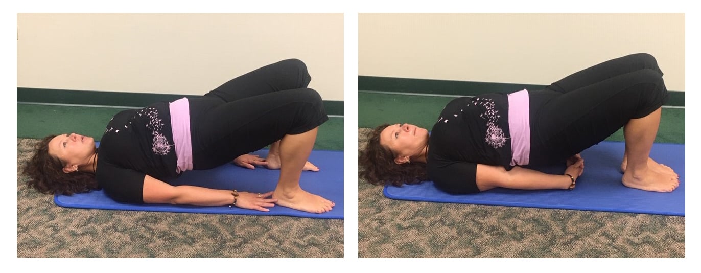 A mature woman showing how to do a Bridge yoga pose to help relieve menopausal symptoms in women