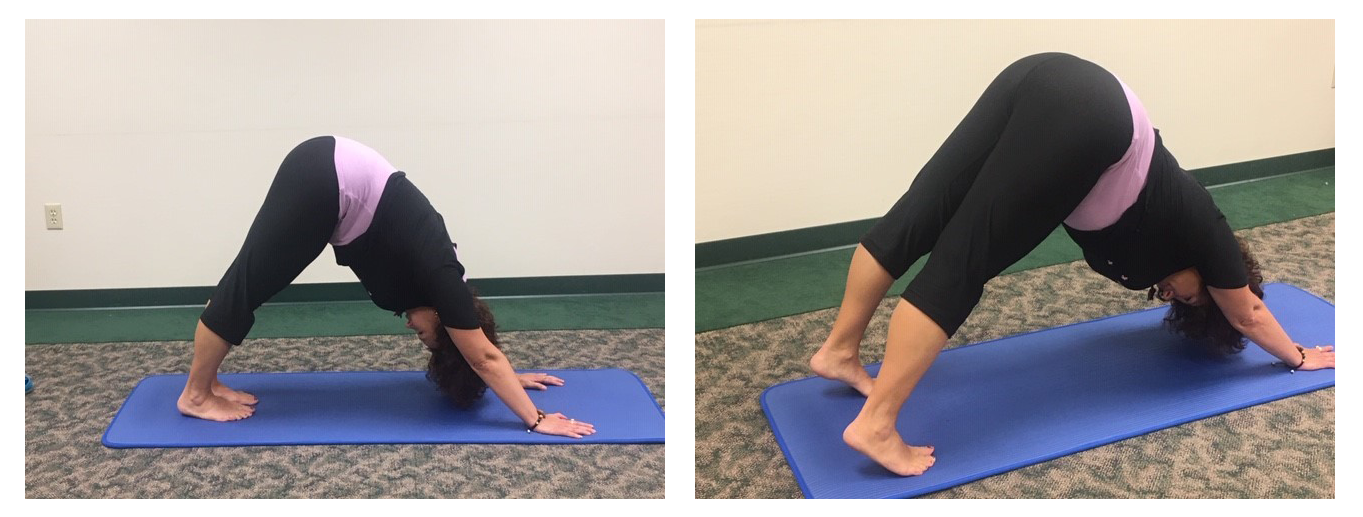 Woman in menopause helping relieve symptoms through the restorativeDownward-Facing Dog yoga pose
