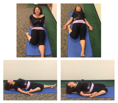 A woman performing the Reclining Hero Pose to help with menopause symptoms such as hot flashes and stress