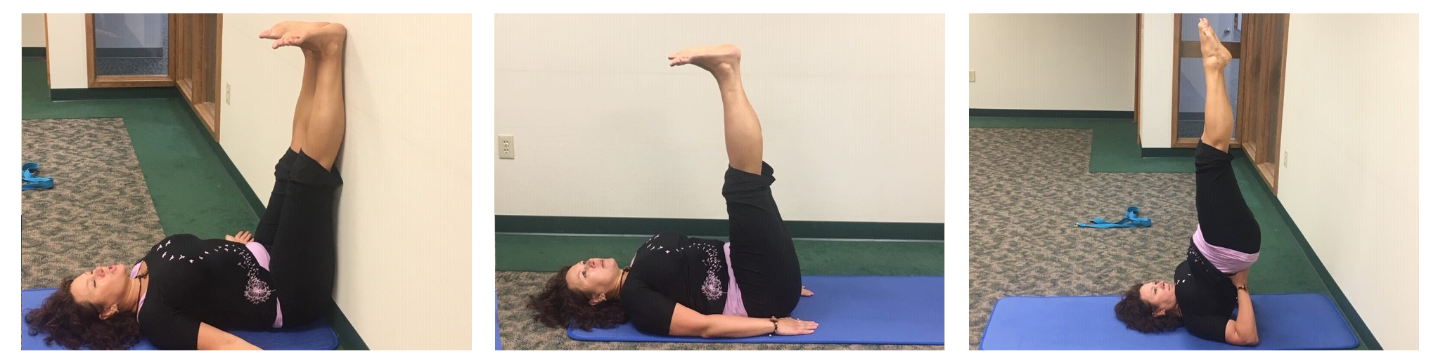 A woman with her legs against a wall and also up in the air, performing a Shoulderstand to relieve menopausal symptoms