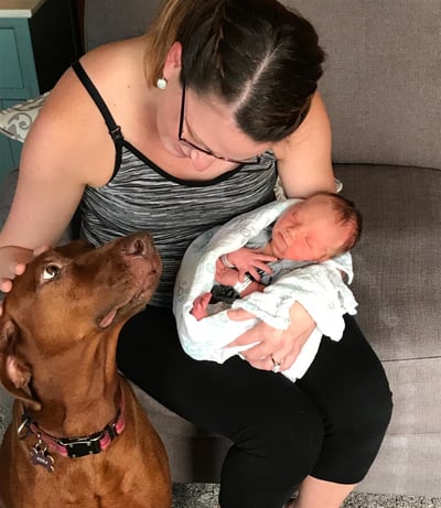 Dr. Stephanie Voice holding her newborn baby as she introduces it to the family pet, an adult dog. 