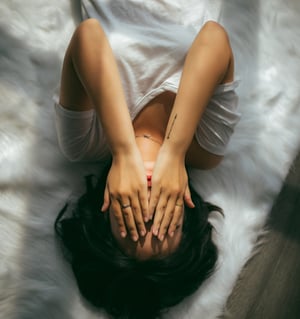 A woman laying on her bed with her hands over her face with frustration from vaginal dryness