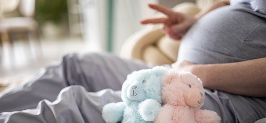 Closeup-pregnant-female-tummy-with-bear-toys-gesturing-two-fingers-awaiting-twins