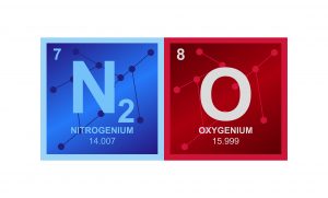 Vector symbol of N2O Nitrous oxide or laughing gas molecule consisting of nitrogen and oxygen atoms and molecules